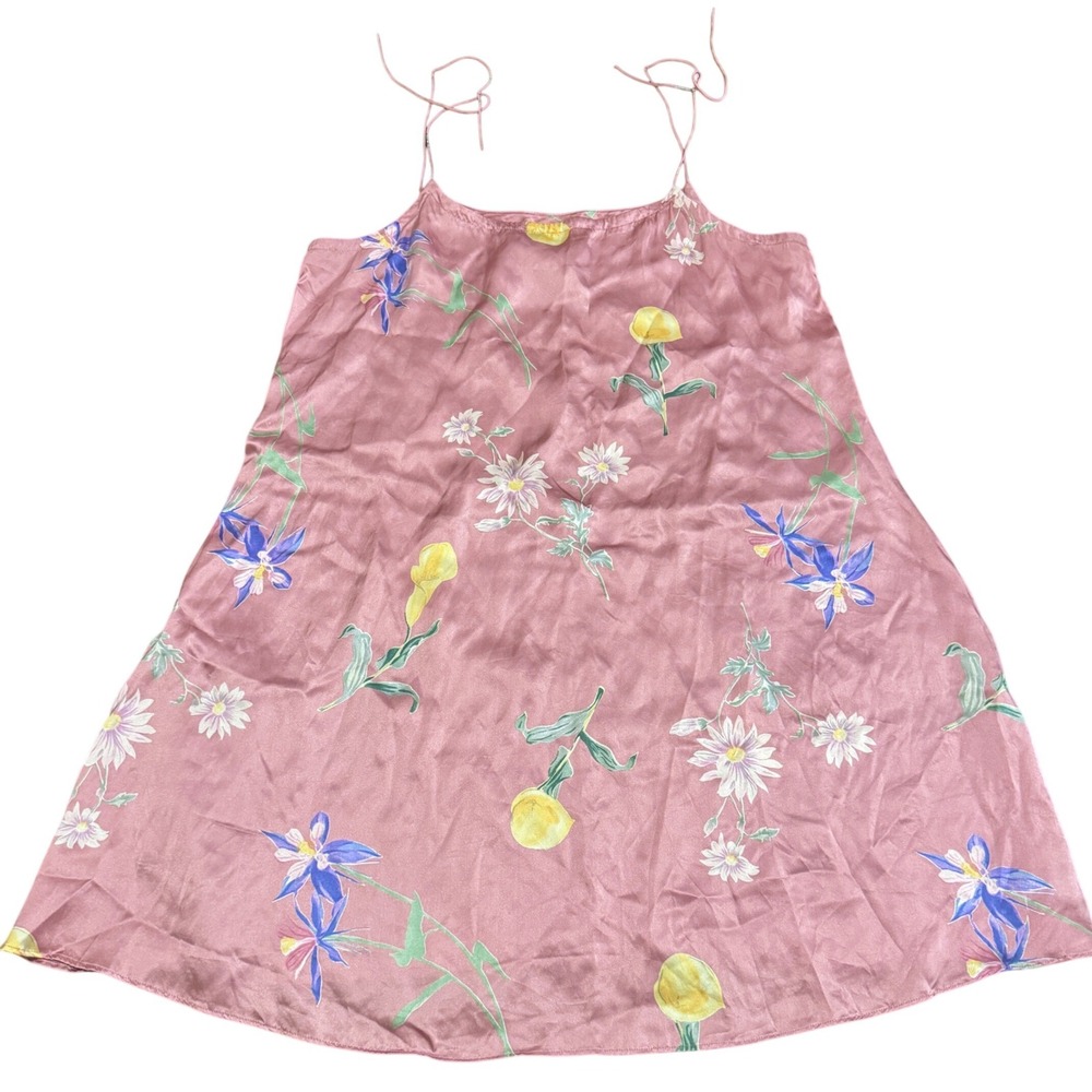 Y2K 1990s Coquette Mini Silk Pink & Floral Slip Dress Thin Spaghetti Strap Sz S